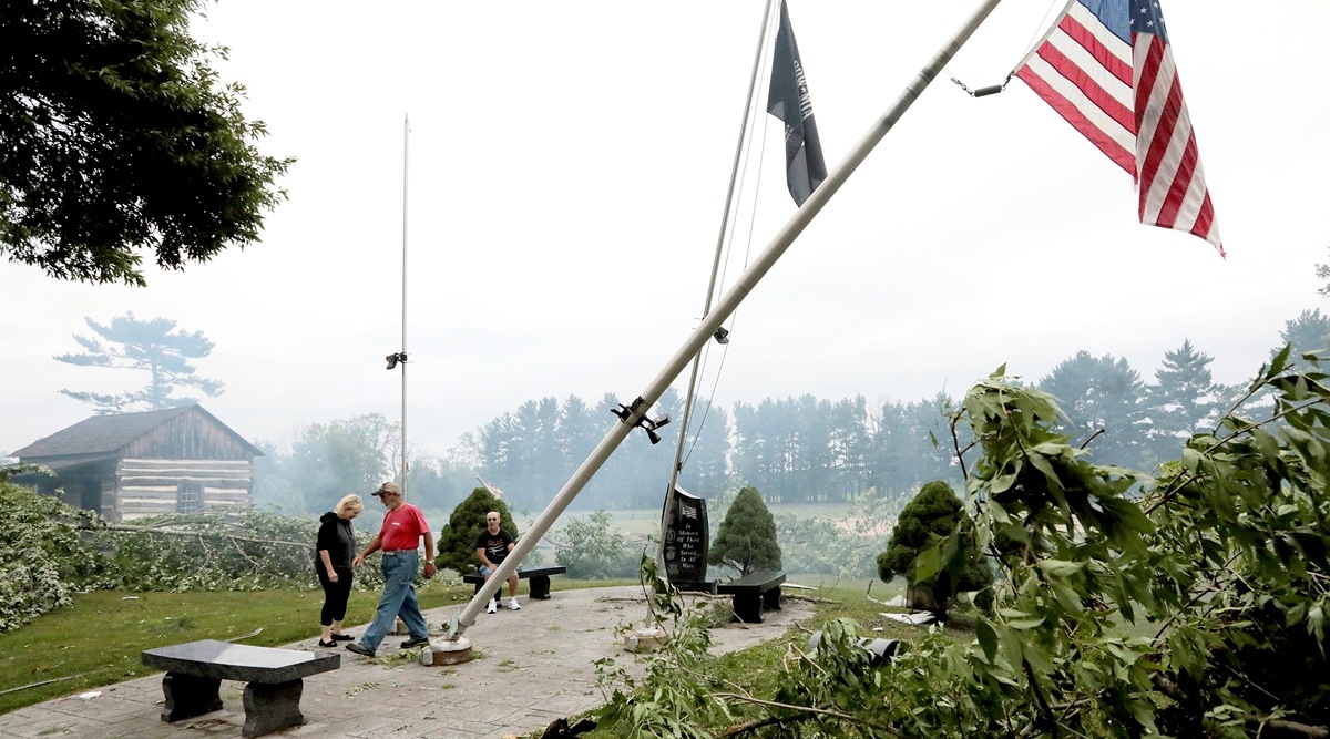 Jefferson County residents inspect damage at Dahnert Park, Thursday, July 29, 2021 in Concord, Wisconsin, following an overnight storm. (AP)