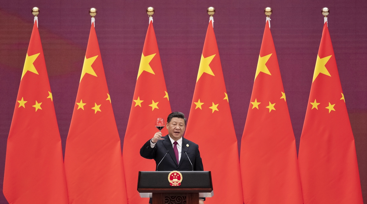 In this April 26, 2019, file photo, Chinese President Xi Jinping raises his glass and proposes a toast during the welcome banquet for visiting leaders attending the Belt and Road Forum at the Great Hall of the People in Beijing. (AP)