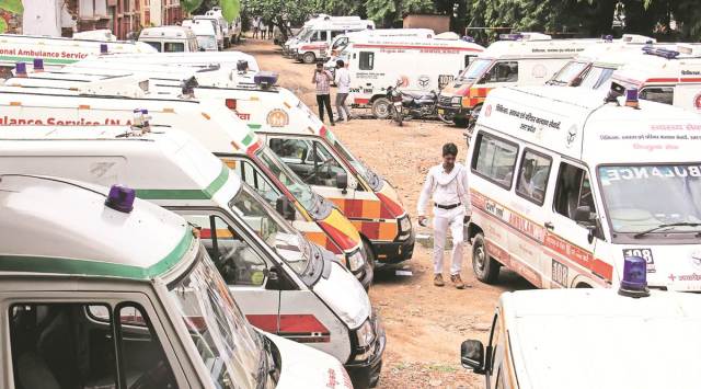 Ambulance drivers associated with both the 102 and 108 government-operated helplines have also joined the indefinite protest, disrupting the services in the state. (Express photo by Vishal Srivastav)