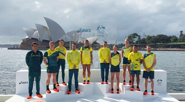 Australian Olympians pose in front of the Sydney Opera House before the Tokyo Olympics. (Reuters)