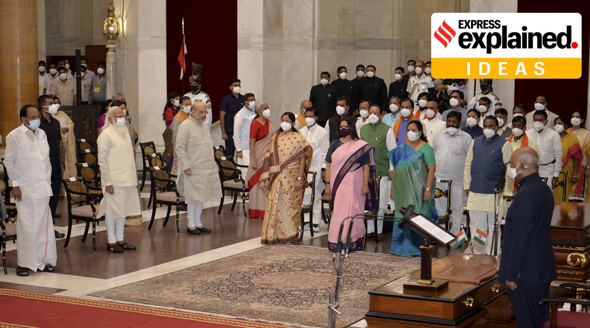 The newly sworn in ministers stand with Prime Minister Narendra Modi during the swearing in ceremony. Wednesday, July 7, 2021. (Rashtrapati Bhavan via AP)