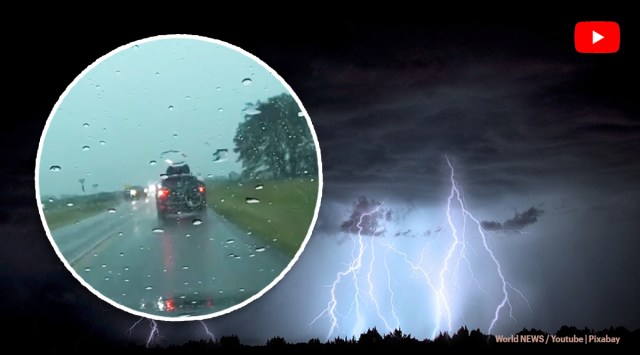 Lightning strikes car highway in Kansas, Kansas highway, kansas highway Lightning viral video, Lightning Strikes a Car, indian express, indian express news