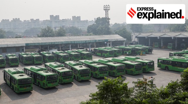 DTC buses parked at Hasanpur Bus Depot, Patparganj. (Express File Photo by Abhinav Saha)