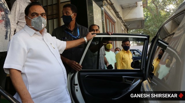 Eknath Khadse outside the Enforcement Directorate (ED) office in Mumbai. (Express Photo by Ganesh Shirsekar/File)