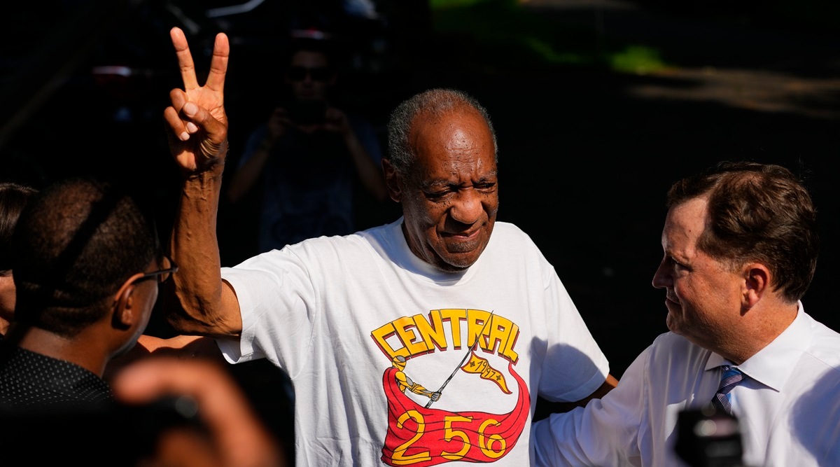 Comedian Bill Cosby reacts outside his home in Elkins Park, Pa., Wednesday, June 30, 2021, after being released from prison. (AP Photo/Matt Slocum)