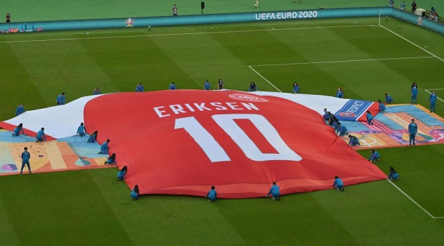 A Christian Eriksen banner in display at the Olympic Stadium in Baku. (Twitter/Euro 2020)