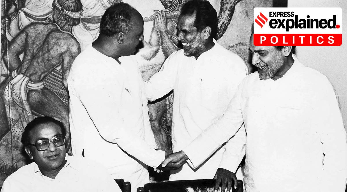 Ramakrishna Hegde and Chandra Shekhar (first and second from right) — seen in April 1988 with H D Deve Gowda and S Jaipal Reddy (sitting) — lost their positions as Chief Minister and Prime Minister respectively after snooping scandals. (Archive)