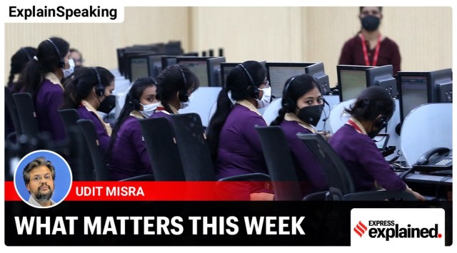 Workers wearing protective masks sit on their terminals inside a call centre in Uttar Pradesh (Express Photo: Vishal Srivastav)
