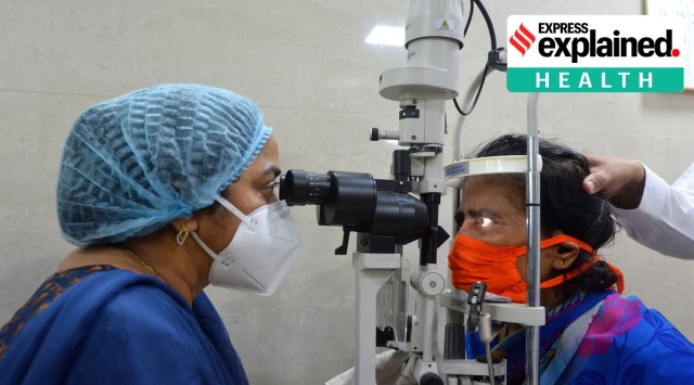 At Balrampur Hospital, Lucknow, check-up of a patient who reported vision problems after recovering from Covid. Eye infection is among the symptoms being reported during the second wave. (Express Photo: Vishal Srivastav)