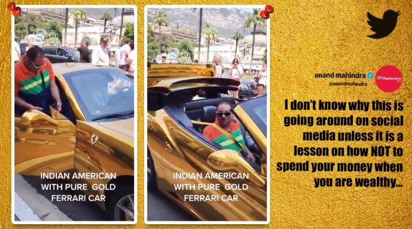 pure gold ferrari, gold ferrari, indian american gold ferrari, anand mahindra, anand mahindra gold ferrari video, viral video, trending news, viral news indian express news