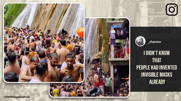Mussoorie, kempty falls crowd video, tourist flout covid protocol Mussoorie video. Mussoorie kempty falls tourist crowd video, indian express