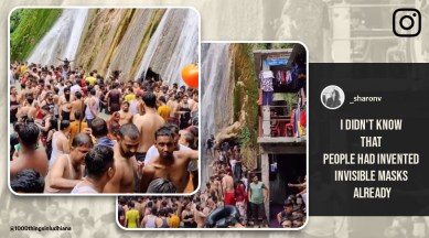 Mussoorie, kempty falls crowd video, tourist flout covid protocol Mussoorie video. Mussoorie kempty falls tourist crowd video, indian express