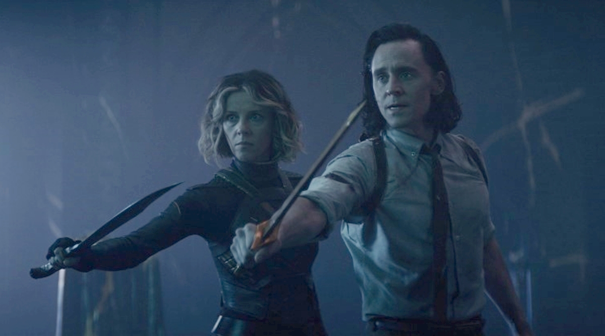 Sophia Di Martino as Slyvie (left) and Tom Hiddleston as Loki (right) in "Loki"