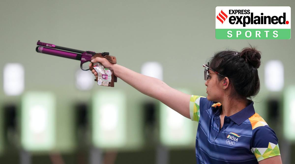 India's Manu Bhaker aims at the target during the 10m Air Pistol Mixed Team shooting event, at the Summer Olympics 2020, in Tokyo, Tuesday, July 27, 2021. (PTI Photo)