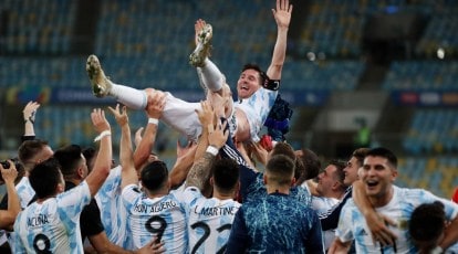 Rio De Janeiro, Brazil. 10th July, 2021. Lionel Messi and Argentina  celebrate with trophy after winning the final of Copa America 2021 a  football match between Argentina and Brazil 1-0 with the