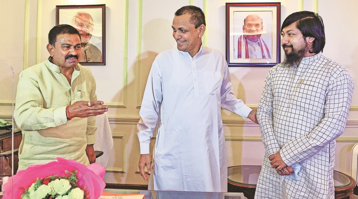 Ministers of State for Home Ajay Kumar Mishra, Nityanand Rai and Nisith Pramanik after taking charge on Thursday.  (PTI)