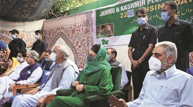 Mufti at a PDP event in Srinagar. (Express Photo by Shuaib Masoodi)