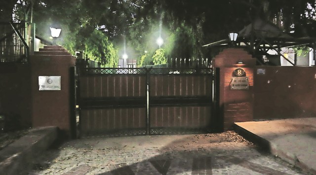 Harsh Vardhan’s residence in Delhi, after he resigned from the Union cabinet. (Express Photo by Prem Nath Pandey)