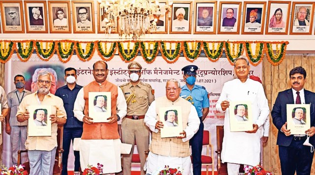 Lok Sabha Speaker Om Birla, Governor Kalraj Mishra, Chief Minister Ashok Gehlot and others at the book launch in Jaipur on July 1. (Express photo)