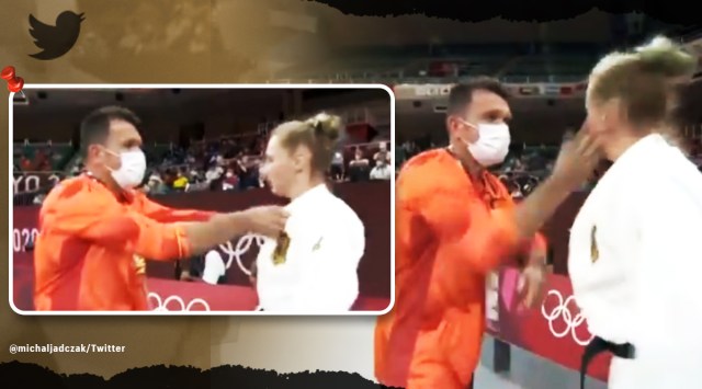 Tokyo Olympics, Tokyo Olympics judo coach viral video, Olympic coach slapped German athlete on live TV, Martyna Trajdos, trending. indian express, indian express news