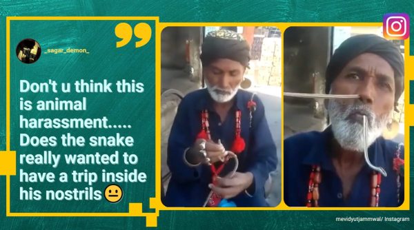 man inserts snake into nose, man inserts and pulls out snake from nose, Vidyut Jammwal, Vidyut Jammwal snake trick video, indian express