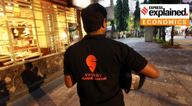 A Swiggy delivery partner in Mumbai. (Express Photo: Pradip Das, File)