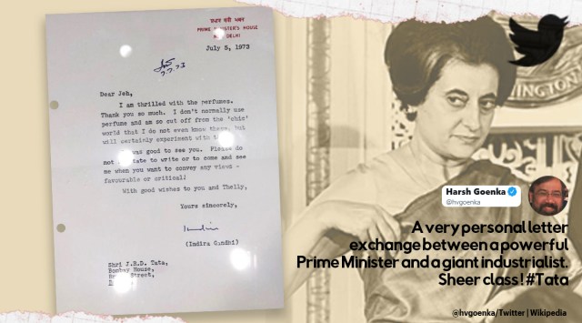 Indira Gandhi’s letter of thanks to JRD Tata, Indira Gandhi letter to JRD Tata, Indira Gandhi personal type written letter to JRD Tata, Harsh Goenka, Harsh Goenka Twitter, Viral news, Trending news, Indian Express news