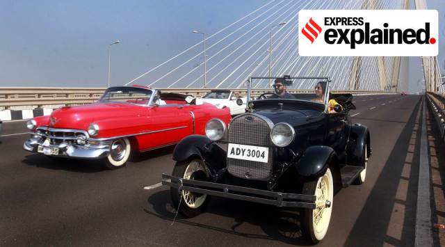 Vintage vehicles at a rally on Mumbai’s Bandra-Worli Sea Link. (Express Archive)