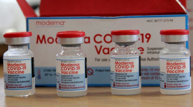 A view of vials of the Moderna COVID-19 vaccine, at the Assad Iben El Fourat school in Oued Ellil, outside Tunis (AP Photo)
