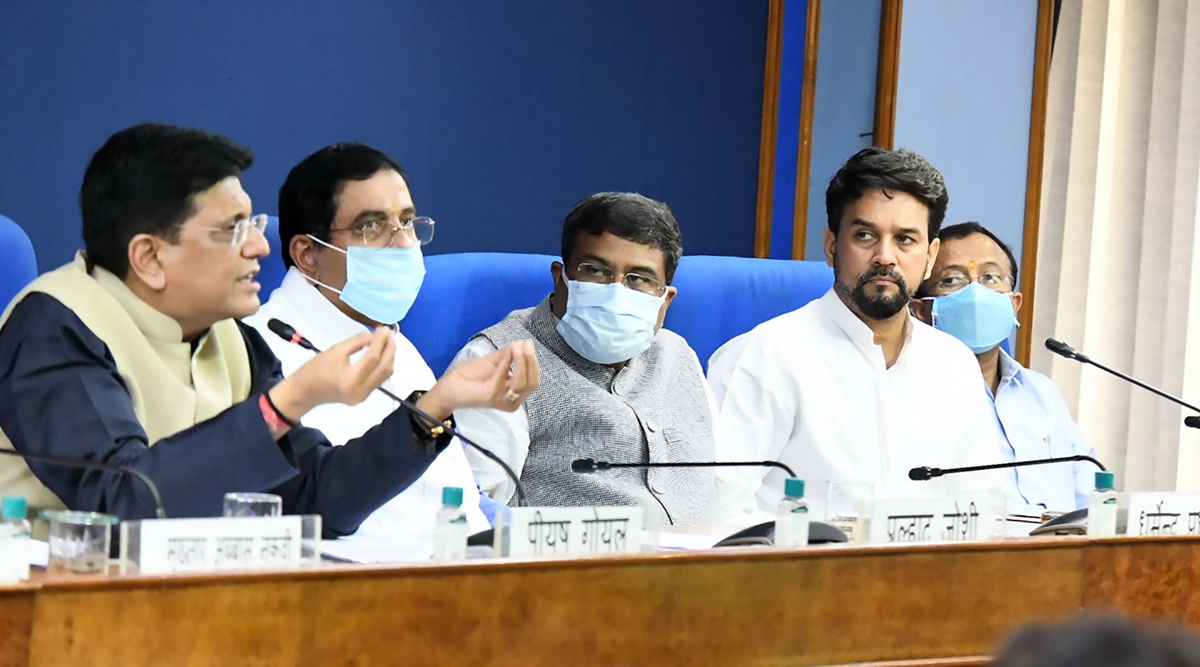 From left to right: Union Ministers  Piyush Goyal, Prahlad Joshi, Dharmendra Pradhan, Anurag Singh Thakur and V Muraleedharan.