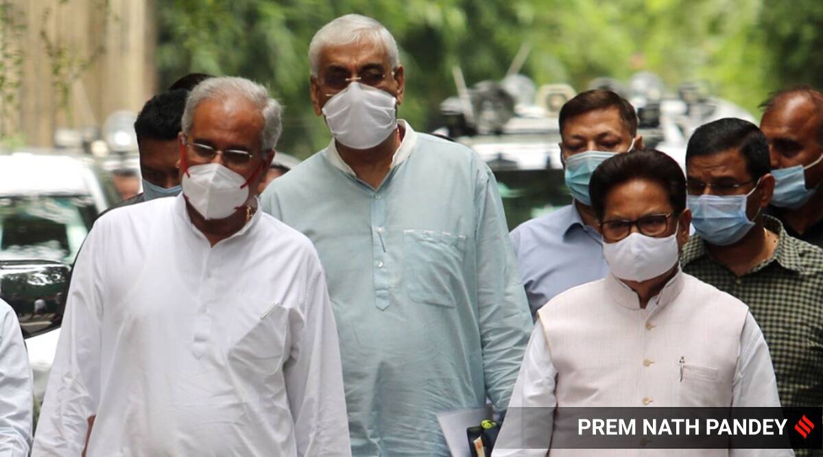 Baghel and Singh Deo with Punia after their meeting at Rahul Gandhi’s residence on Tuesday. (Express photo by Prem Nath Pandey)