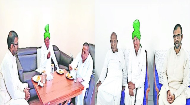 INLD chief with former UP CM Mulayam Singh Yadav and (right) former PM H D Deve Gowda (Express photo)