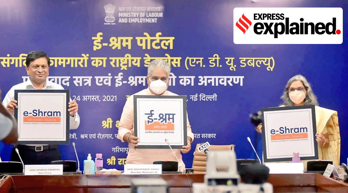 e-Shram portal, e-Shram portal unorganised sector workers, what is e-Shram portal, e-Shram portal launch, e-shram card, how to apply for e-shram card, how to register for e-shram card, e-Shram portal explained, Indian Express