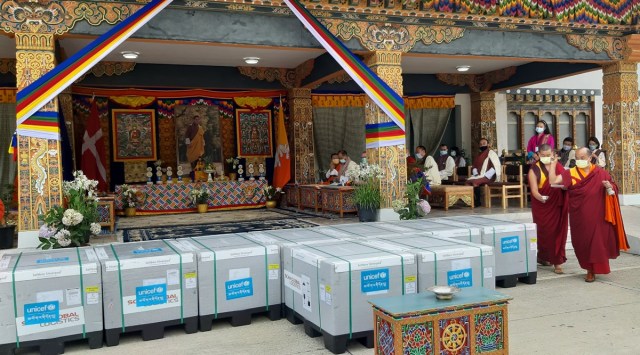 A consignment of 121,900 doses of Covid-19 vaccines from the 250,000 donated by Denmark lands in Bhutan. (Twitter/@UNICEFBhutan)