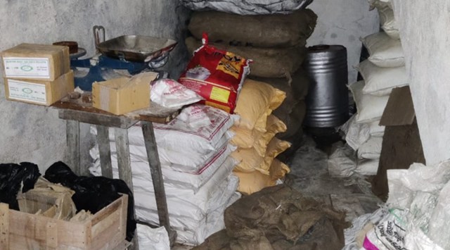 Police seized 1,400 kg of explosive substances stored illegally inside a building in Mangaluru city