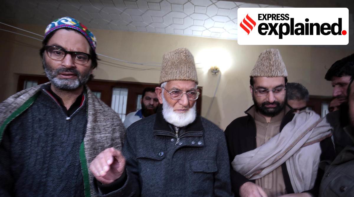 Then chairman of the hardline Hurriyat faction Syed Ali Shah Geelani (centre), moderate faction head Mirwaiz Umar Farooq (right), and Yasin Malik (left) after a meeting in Srinagar in 2016.  (Express Archive)