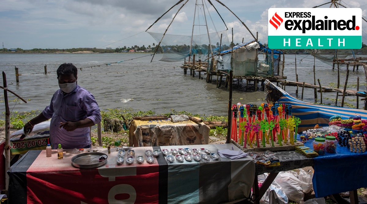 A vendor wearing a face mask as a precaution against the coronavirus displays toys for sale at Fort Kochi beach in Kochi, Kerala, Monday, Aug. 23, 2021. (AP Photo: R S Iyer)