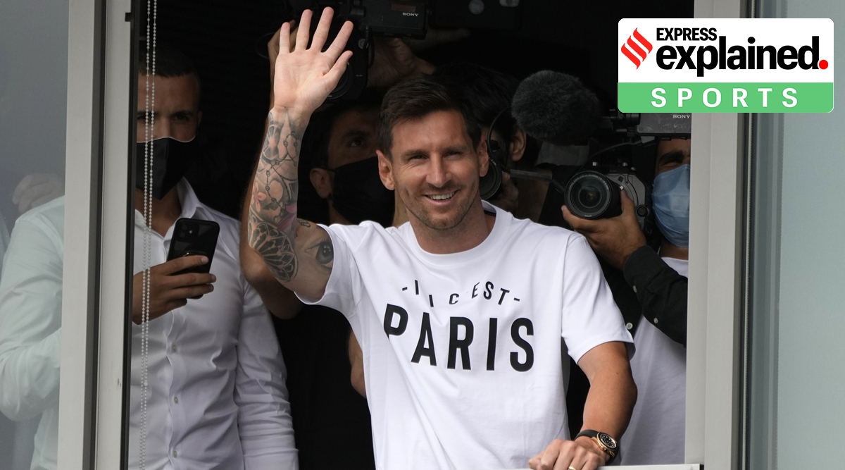 Lionel Messi waves after arriving at Le Bourget airport, north of Paris, Tuesday, Aug. 10, 2021. (AP)