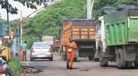 Trucks parked at the Mormugao Port Trust’s Gate No.1 (Express Photo: Amit Chakravarty/File)