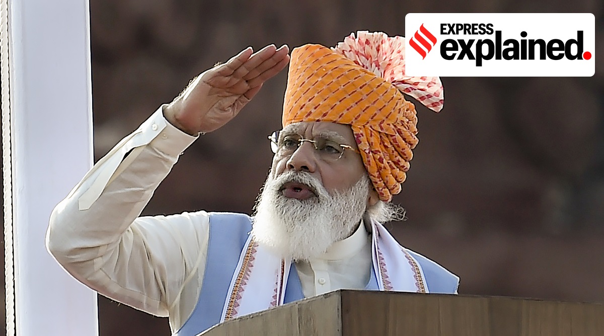 Prime Minister Narendra Modi addresses the nation during the 75th Independence Day function at the Red Fort, in New Delhi, Sunday, August 15, 2021. (PTI Photo: Kamal Singh)  
