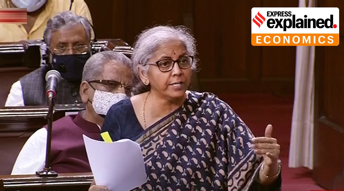 Union Finance Minister Nirmala Sitharaman speaks in the Rajya Sabha during the Monsoon Session of Parliament, in New Delhi, Monday, Aug 9, 2021. (RSTV/PTI Photo)