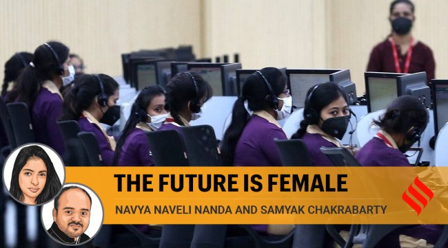 Workers wearing protective masks in a call centre in Uttar Pradesh (Express photo by Vishal Srivastav)