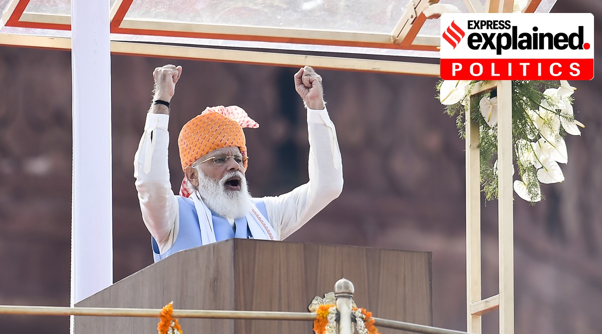 Prime Minister Narendra Modi raises slogans while addressing the nation from the ramparts of the historic Red Fort during the 75th Independence Day function, in New Delhi (PTI)