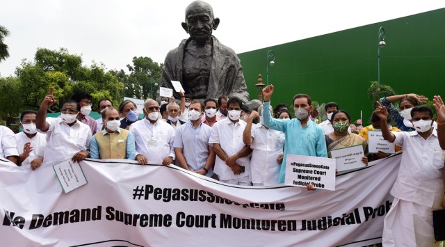 Opposition leaders have been protesting both outside and inside the House demanding a discussion on the Pegasus issue. (Photo: PTI)