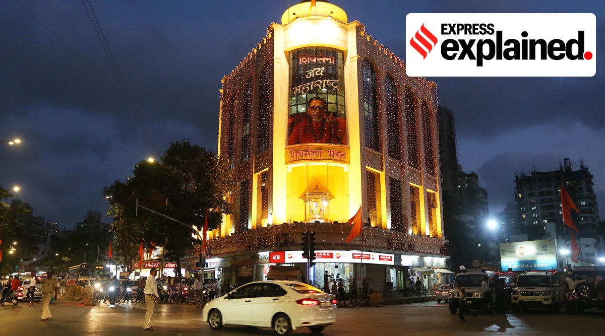 The three-storey Sena Bhavan was constructed in Dadar in the early 1970s. (Express Photo: Prashant Nadkar)