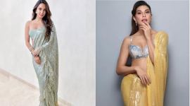 celebs, fashion, actors, celeb fashion, actors in sequin sarees, sequin saree fashion, how to ace the sequin saree look, Kiara Advani, Mouni Roy, Nushrratt Bharuccha, Bhumi Pednekar, Jacqueline Fernandez, indian express news