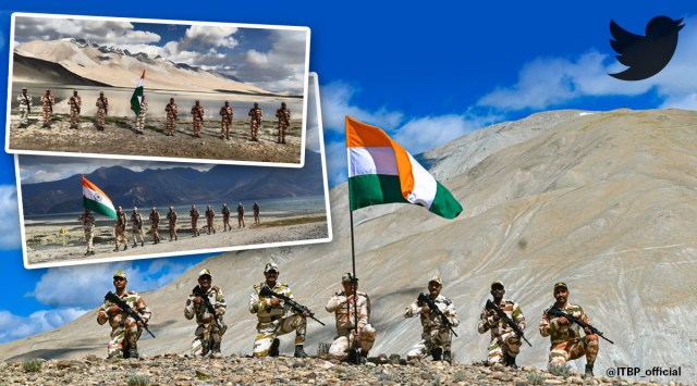 ITBP personnel hoist the Tricolour on Sunday. 
