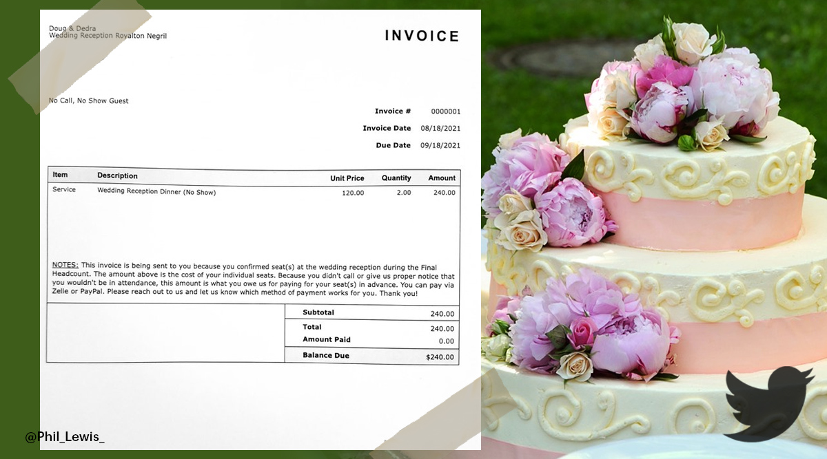 Calling them the "No Call, No Show" guests, Doug Simmons and Dedra McGee said they would charge these guests $240 for the reception dinner for them and their plus-ones.