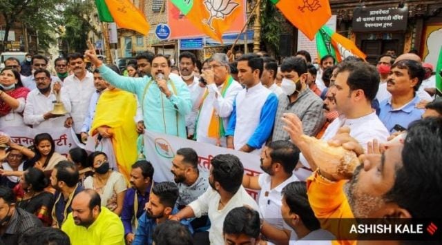"They don’t use police force to act against the crowd outside liquor shops. But when BJP workers make a humble request for opening temples, a lathi-wielding police force is used to arrest them,” Patil said. (Express Photo by Ashish Kale)