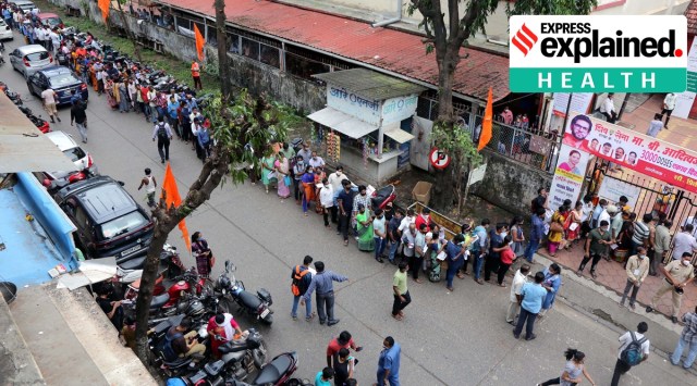 People wait in queue to get vaccination against Covid-19 in Dadar, Mumbai on Tuesday. (Express Photo: Ganesh Shirsekar, File)
